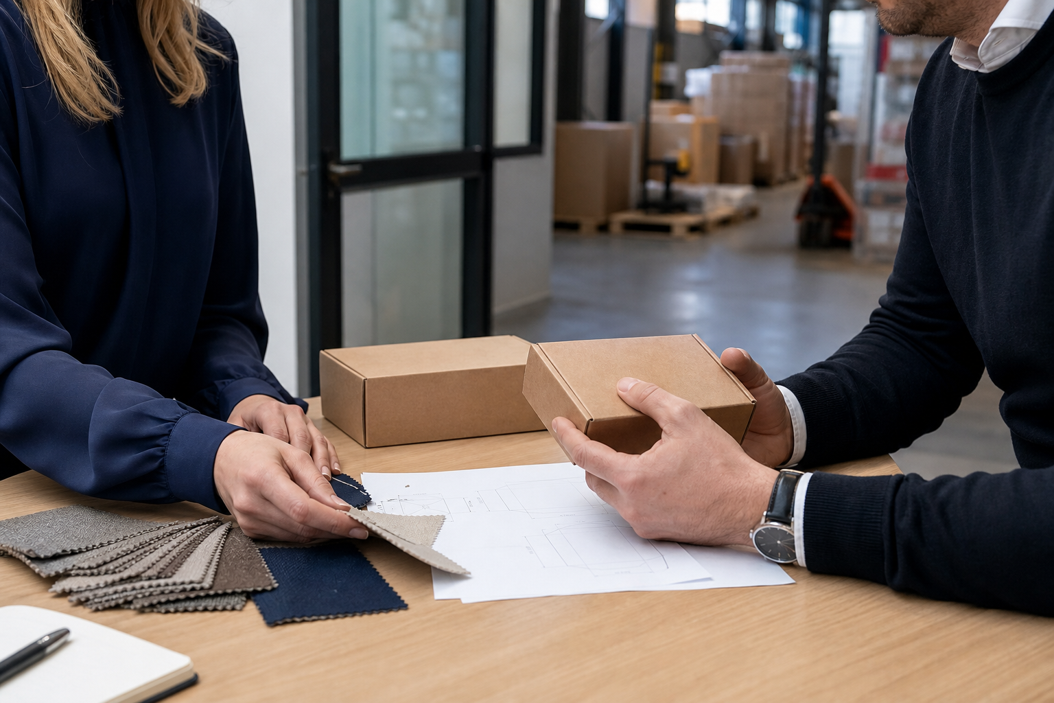 To kolleger gennemgår produktprøver ved et arbejdsbord